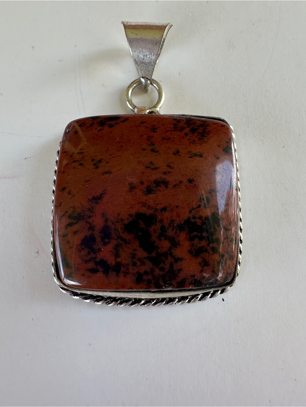 Polished Brown Jasper Square Pendant Necklace in Sterling Setting